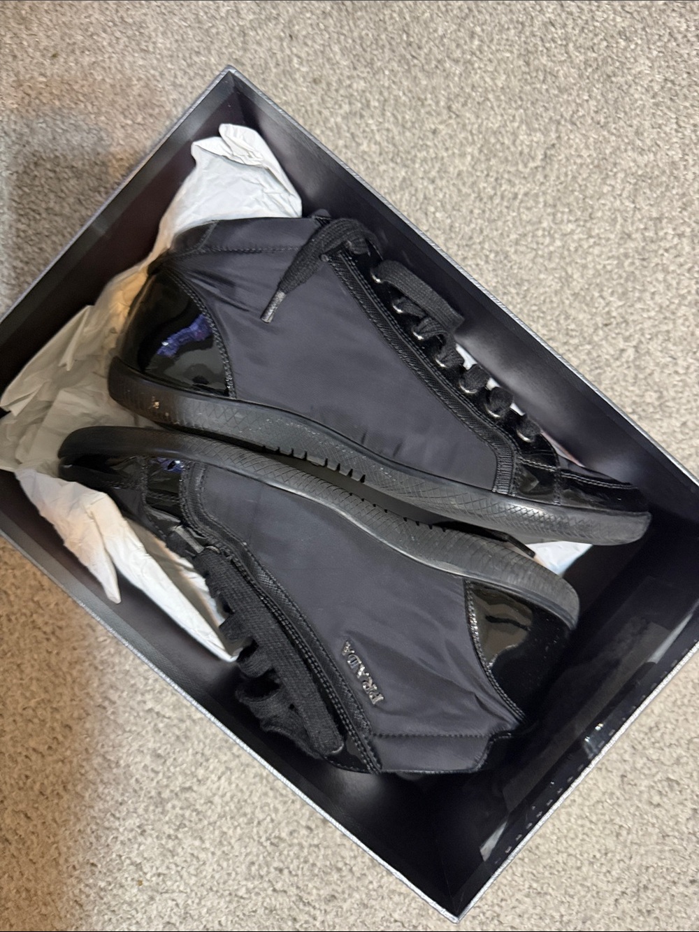 Prada Black Nylon & Patent Leather Low Top Sneakers